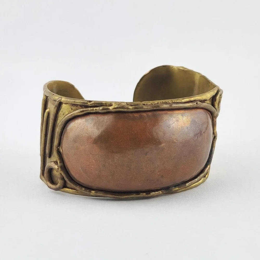 Vintage‎ Brutalist Mixed Metal Repousse Cuff Bracelet Copper Brass Studio Art